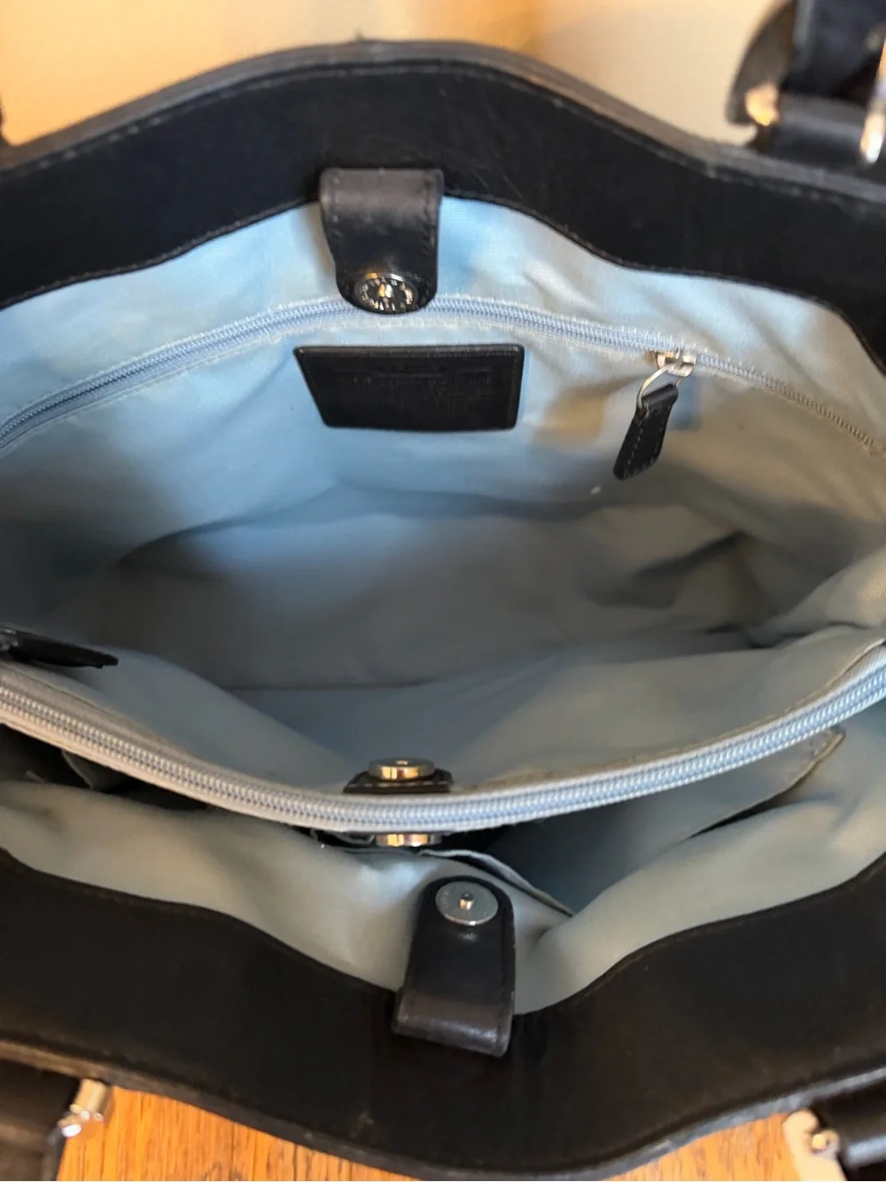 Coach F17216 Soho North South Black Leather Tote Shoulder Bag Blue Liner No Tag
